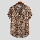 Xituodai 2022 New Short Sleeve Leopard Print Shirt Men Lapel Neck Loose Button Up Blouse Breathable Summer Streetwear Sexy Shirts Men