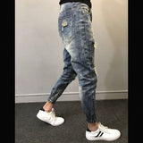 Xituodai 2022 Teenagers Social Spirit Guy Ripped Pants Trendy Tiepants Leg Feet Pants Ankle Length Jeans Men&#39;s Slim Harem Pants