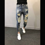 Xituodai 2022 Teenagers Social Spirit Guy Ripped Pants Trendy Tiepants Leg Feet Pants Ankle Length Jeans Men&#39;s Slim Harem Pants