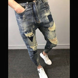 Xituodai 2022 Teenagers Social Spirit Guy Ripped Pants Trendy Tiepants Leg Feet Pants Ankle Length Jeans Men&#39;s Slim Harem Pants