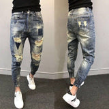 Xituodai 2022 Teenagers Social Spirit Guy Ripped Pants Trendy Tiepants Leg Feet Pants Ankle Length Jeans Men&#39;s Slim Harem Pants