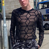 Xituodai 2022 Men T Shirt Printed O-neck Long Sleeve Mesh Transparent Streetwear Sexy Party Nightclub Tee Tops Men Clothing INCERUN 5XL 7