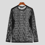 Xituodai 2022 Men T Shirt Printed O-neck Long Sleeve Mesh Transparent Streetwear Sexy Party Nightclub Tee Tops Men Clothing INCERUN 5XL 7