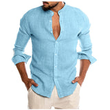 Xituodai Fashion Men&#39;s Casual Shirt Simple O-Neck Button Solid Beach Shirt Male Long Sleeve Top Blouse 2022 New chemise homme