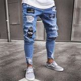 Xituodai Men&#39;s Skinny ripped jeans men Pants Pencil Biker Side Striped Jeans Destroyed Hole Hip Hop Slim Fit Man Stretchy Jean Print