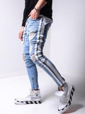 Xituodai Men&#39;s Skinny ripped jeans men Pants Pencil Biker Side Striped Jeans Destroyed Hole Hip Hop Slim Fit Man Stretchy Jean Print