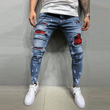 Xituodai Men&#39;s Skinny ripped jeans men Pants Pencil Biker Side Striped Jeans Destroyed Hole Hip Hop Slim Fit Man Stretchy Jean Print