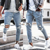 Xituodai Men&#39;s Skinny ripped jeans men Pants Pencil Biker Side Striped Jeans Destroyed Hole Hip Hop Slim Fit Man Stretchy Jean Print