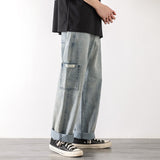 Xituodai Loose Street Style Straight Cargo Pants Jeans Men Fashion Brand Wide Leg Overalls Retro Trend Leisure Youth Denim Baggy