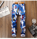 Xituodai Men&#39;s Fashion 3D Pattern Slim Skinny Printed Jeans Blue White Stretch Denim Pants Teenagers Over Flowers Four Seasons Trousers