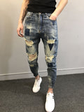 Xituodai 2022 Teenagers Social Spirit Guy Ripped Pants Trendy Tiepants Leg Feet Pants Ankle Length Jeans Men&#39;s Slim Harem Pants