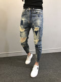 Xituodai 2022 Teenagers Social Spirit Guy Ripped Pants Trendy Tiepants Leg Feet Pants Ankle Length Jeans Men&#39;s Slim Harem Pants