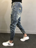 Xituodai 2022 Teenagers Social Spirit Guy Ripped Pants Trendy Tiepants Leg Feet Pants Ankle Length Jeans Men&#39;s Slim Harem Pants