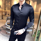Xituodai Neckline Embroidery Mens Shirts Long Sleeve Casual Slim Fit Men Dress Shirts Solid Color Formal Business Social Clothing Blouse