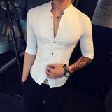 Xituodai Stand Collar Chinese Style Shirt Men Slim Fit Clothes Male Half Sleeve 2022 Fashion Summer Solid Color Designer Night Club Tops