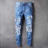 Xituodai Men&#39;s blue pleated patchwork hole ripped biker jeans for motorcycle Casual slim skinny distressed stretch denim pants