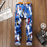 Xituodai Men&#39;s Fashion 3D Pattern Slim Skinny Printed Jeans Blue White Stretch Denim Pants Teenagers Over Flowers Four Seasons Trousers