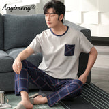 Xituodai Plus Size Pajamas 3xl 4xl Sleepwear Short Sleeved Long Pants Cotton Homewear Leisure Pyjamas Plaid Pants Men Summer Nightwear