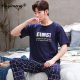 Xituodai Plus Size Pajamas 3xl 4xl Sleepwear Short Sleeved Long Pants Cotton Homewear Leisure Pyjamas Plaid Pants Men Summer Nightwear