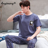 Xituodai Plus Size Pajamas 3xl 4xl Sleepwear Short Sleeved Long Pants Cotton Homewear Leisure Pyjamas Plaid Pants Men Summer Nightwear