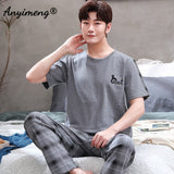 Xituodai Plus Size Pajamas 3xl 4xl Sleepwear Short Sleeved Long Pants Cotton Homewear Leisure Pyjamas Plaid Pants Men Summer Nightwear