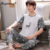 Xituodai Plus Size Pajamas 3xl 4xl Sleepwear Short Sleeved Long Pants Cotton Homewear Leisure Pyjamas Plaid Pants Men Summer Nightwear