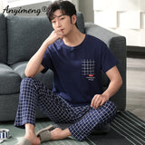 Xituodai Plus Size Pajamas 3xl 4xl Sleepwear Short Sleeved Long Pants Cotton Homewear Leisure Pyjamas Plaid Pants Men Summer Nightwear