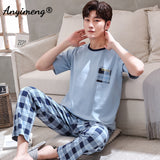 Xituodai Plus Size Pajamas 3xl 4xl Sleepwear Short Sleeved Long Pants Cotton Homewear Leisure Pyjamas Plaid Pants Men Summer Nightwear