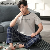 Xituodai Plus Size Pajamas 3xl 4xl Sleepwear Short Sleeved Long Pants Cotton Homewear Leisure Pyjamas Plaid Pants Men Summer Nightwear