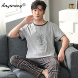 Xituodai Plus Size Pajamas 3xl 4xl Sleepwear Short Sleeved Long Pants Cotton Homewear Leisure Pyjamas Plaid Pants Men Summer Nightwear