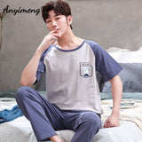 Xituodai Plus Size Pajamas 3xl 4xl Sleepwear Short Sleeved Long Pants Cotton Homewear Leisure Pyjamas Plaid Pants Men Summer Nightwear