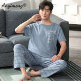 Xituodai Plus Size Pajamas 3xl 4xl Sleepwear Short Sleeved Long Pants Cotton Homewear Leisure Pyjamas Plaid Pants Men Summer Nightwear